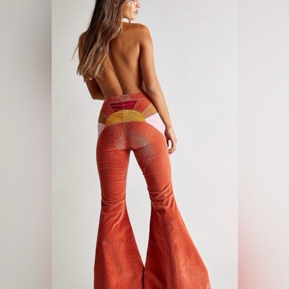Free People Ray Of Sunshine Cord Flare Corduroy Cotton Pants  Orange Brown Sz 32 - Picture 1 of 13